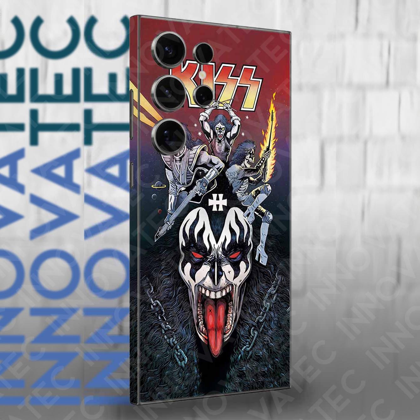 Skin premium de celular inspirado en bandas de rock clásicas y modernas, diseño rebelde y potente